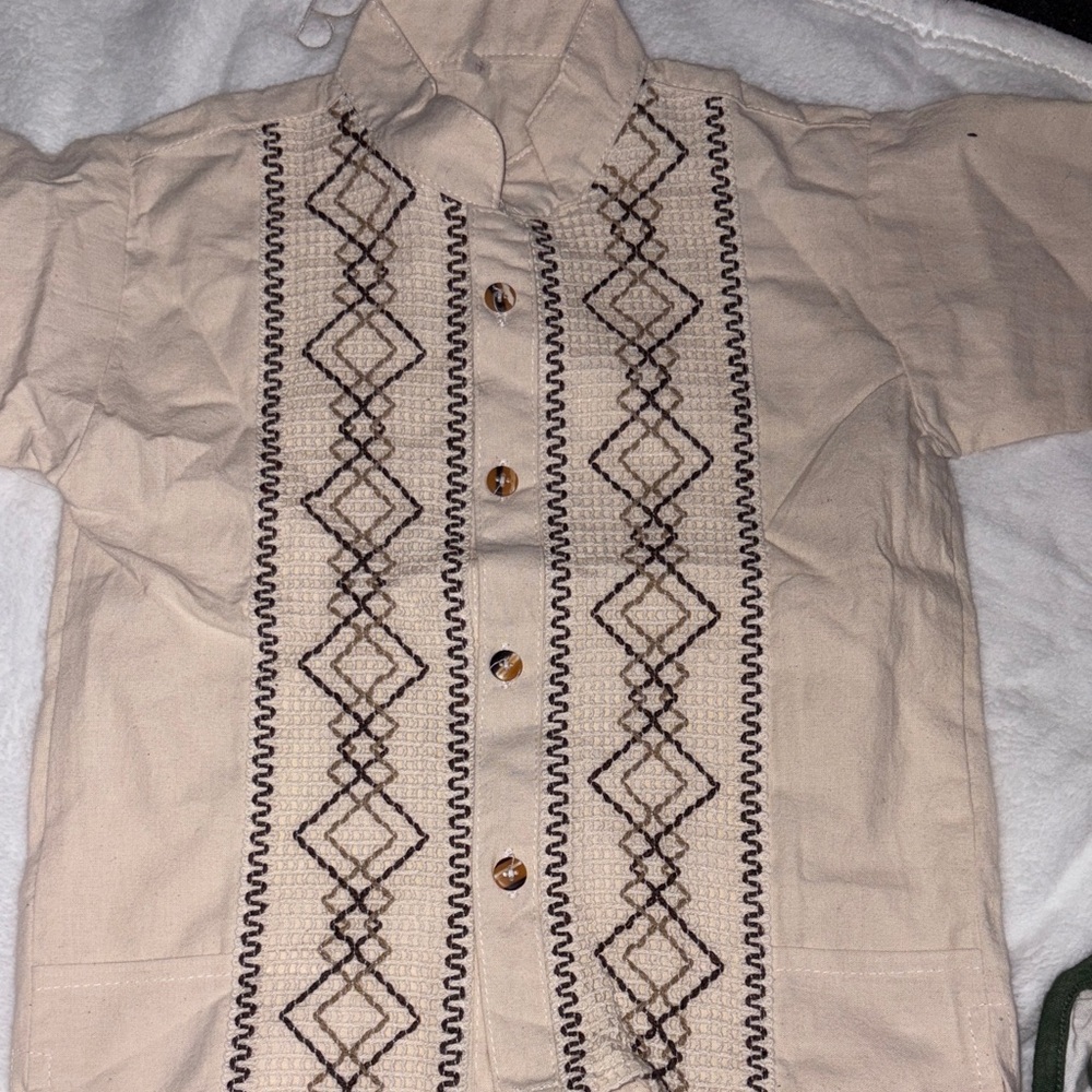 Beige Button-Up Shirt with Brown Embroidery boy size 4